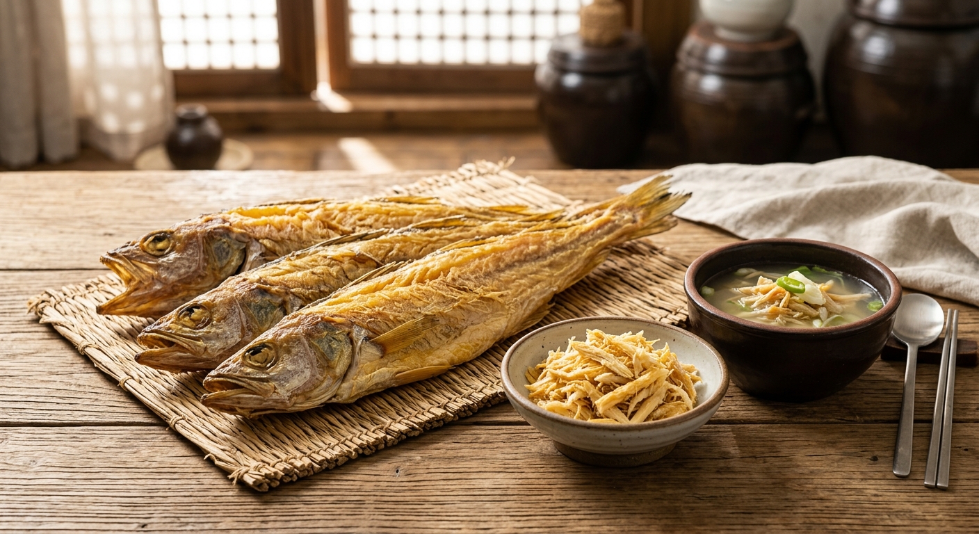 맑은 황태국이 담긴 그릇과 곁들여진 파와 무