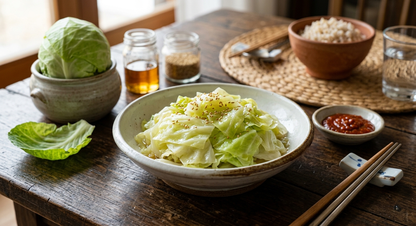 신선한 양배추와 데친 양배추가 함께 놓인 건강 식재료 사진