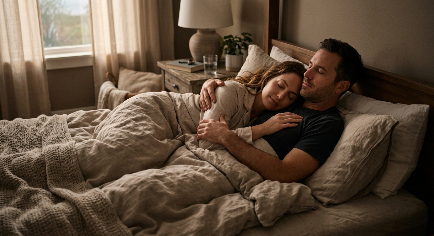 따뜻한 조명 아래 같은 침대에서 편안하게 휴식을 취하는 부부