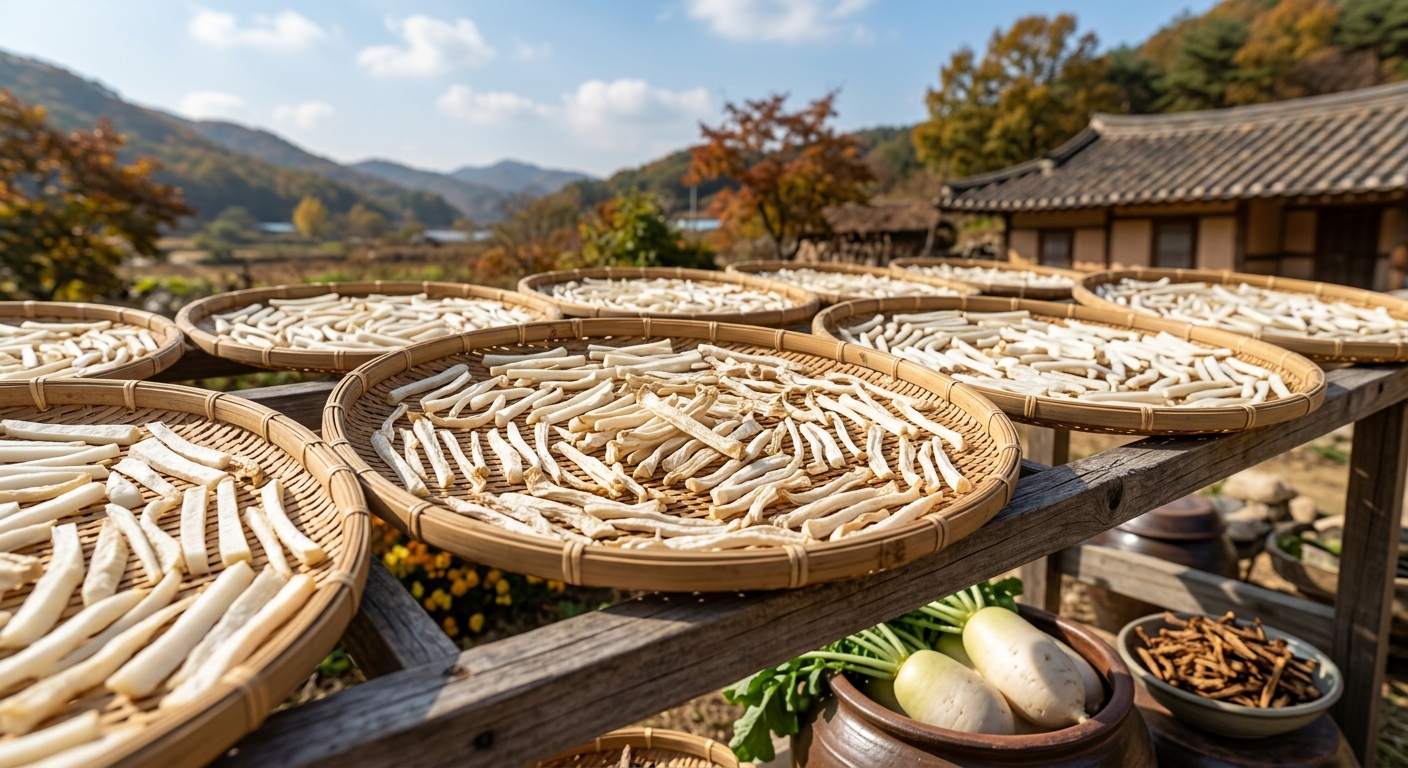 햇볕 아래에서 건조 중인 무말랭이와 말린 무 조각들