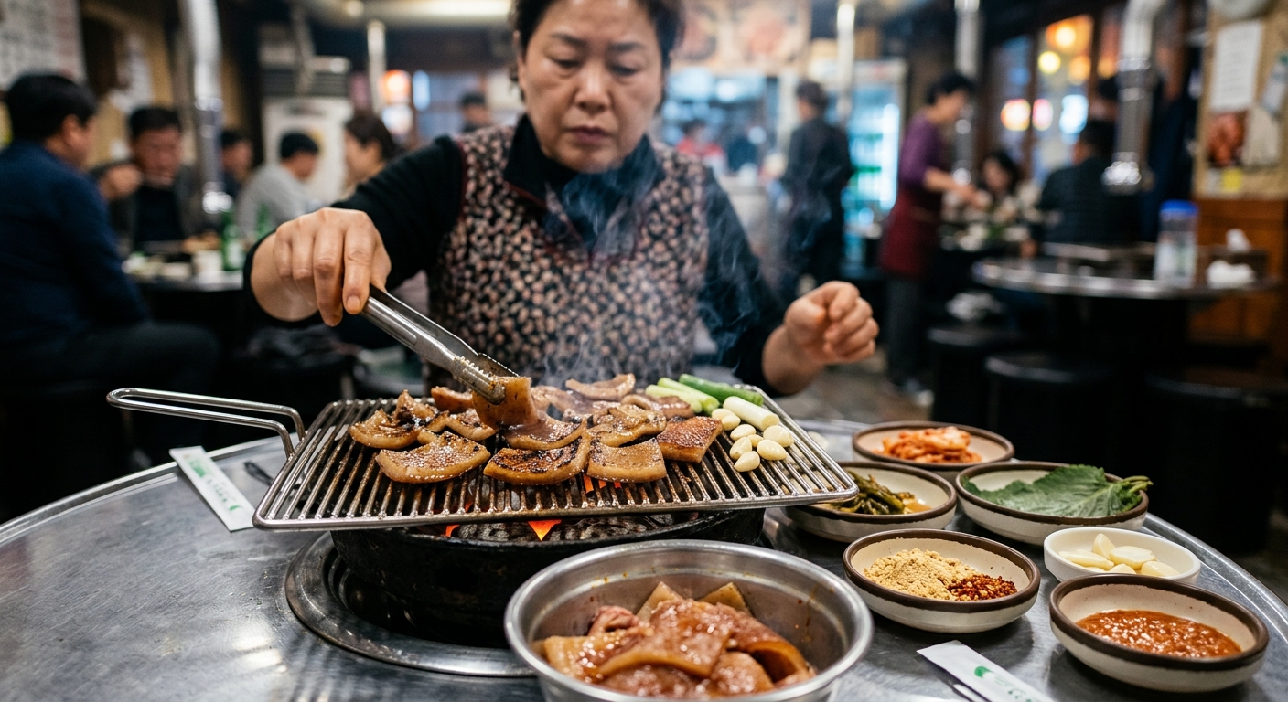 돼지껍데기와 채소가 함께 놓인 식탁 위 장면
