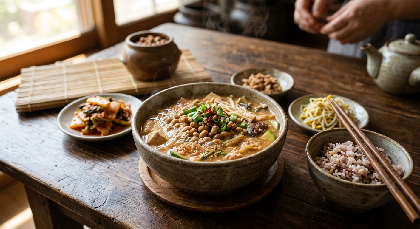 발효된 청국장 콩을 가까이에서 담은 실사 이미지