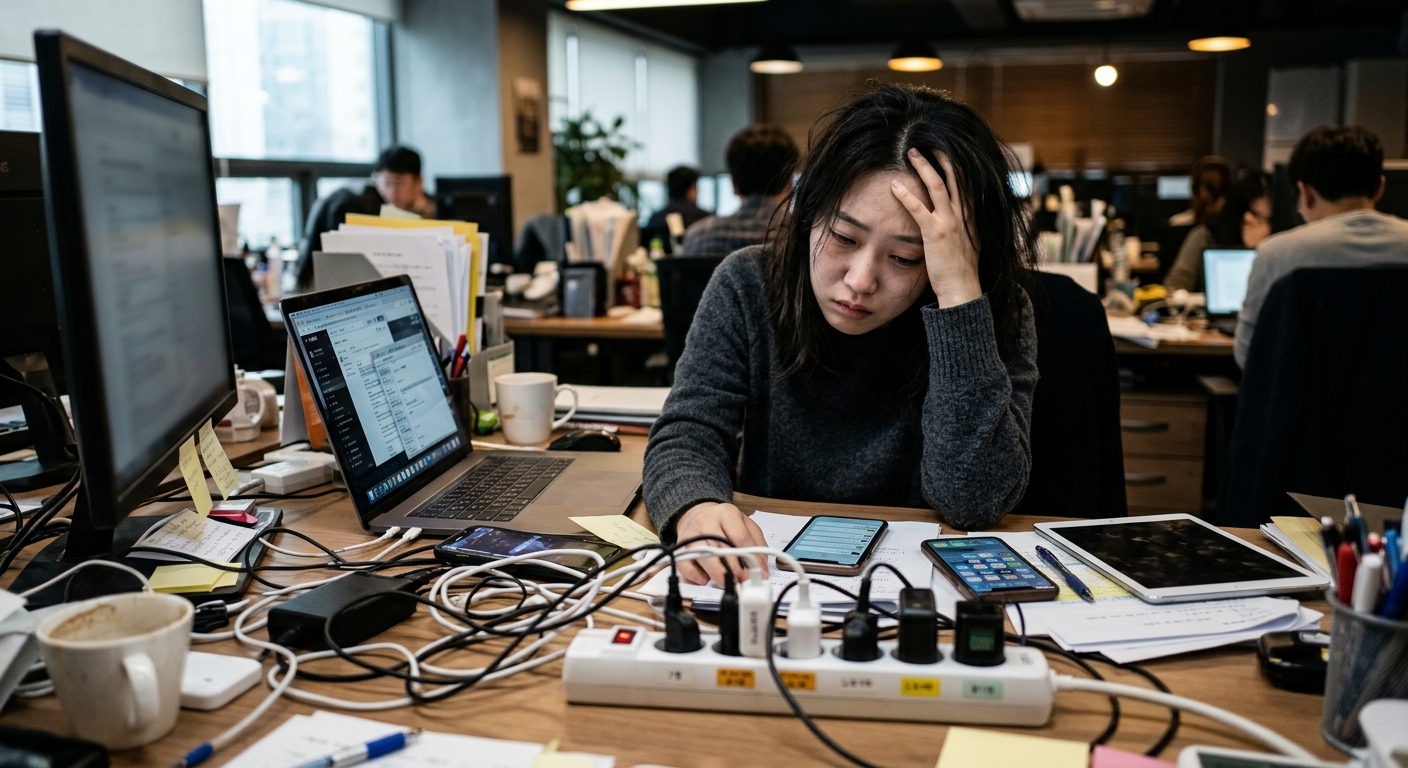 머리를 감싸 쥔 채 업무 스트레스를 느끼는 직장인의 모습