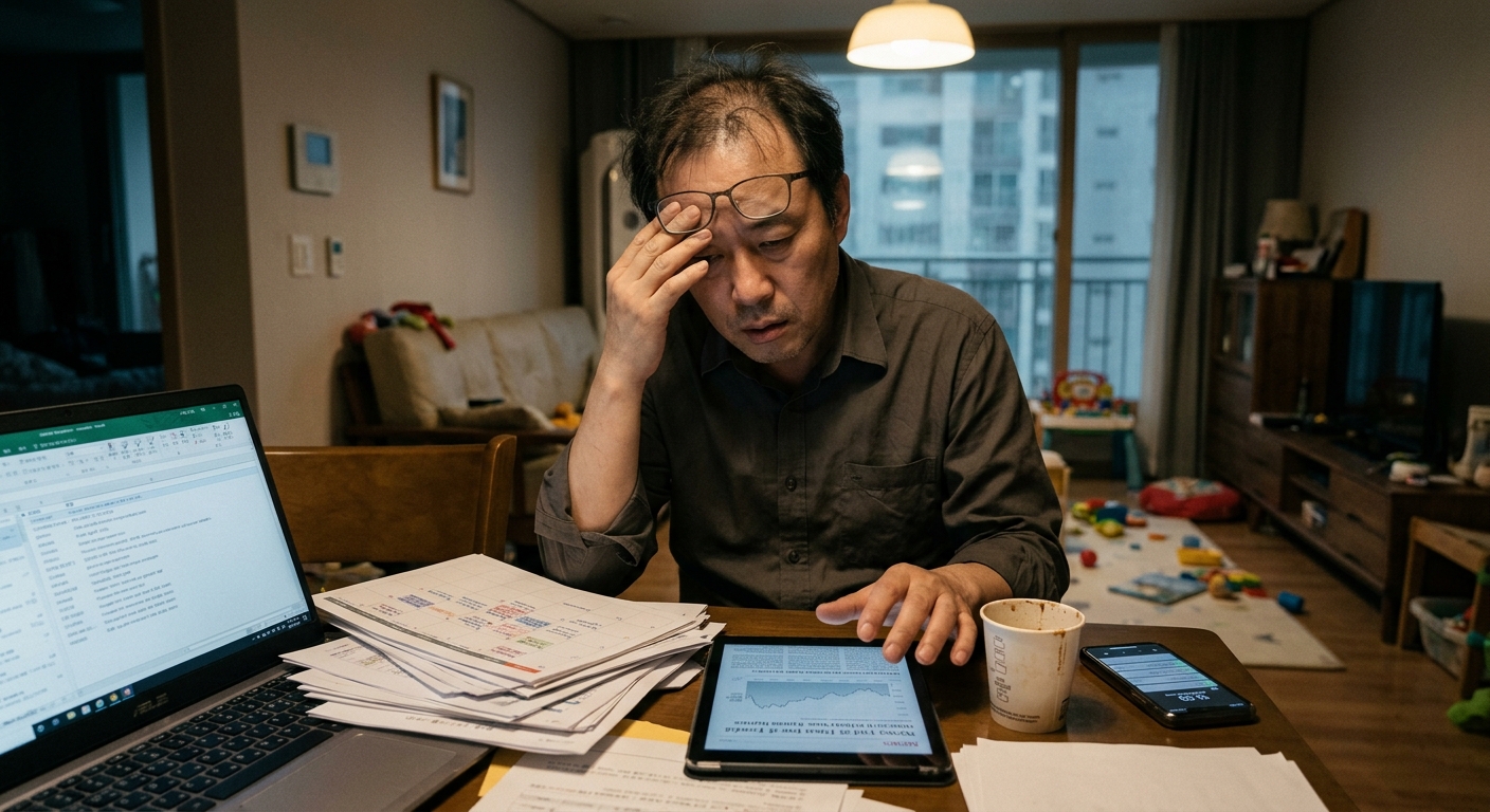 업무 서류와 가족 일정표 사이에서 고민하는 중년 직장인의 모습