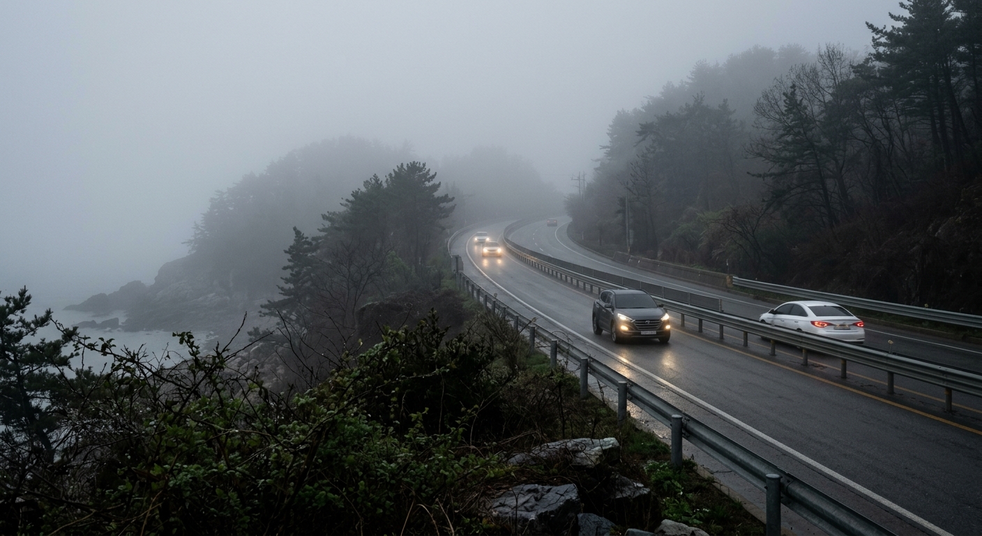 짙은 안개로 시야가 제한된 서해안 도로와 차량