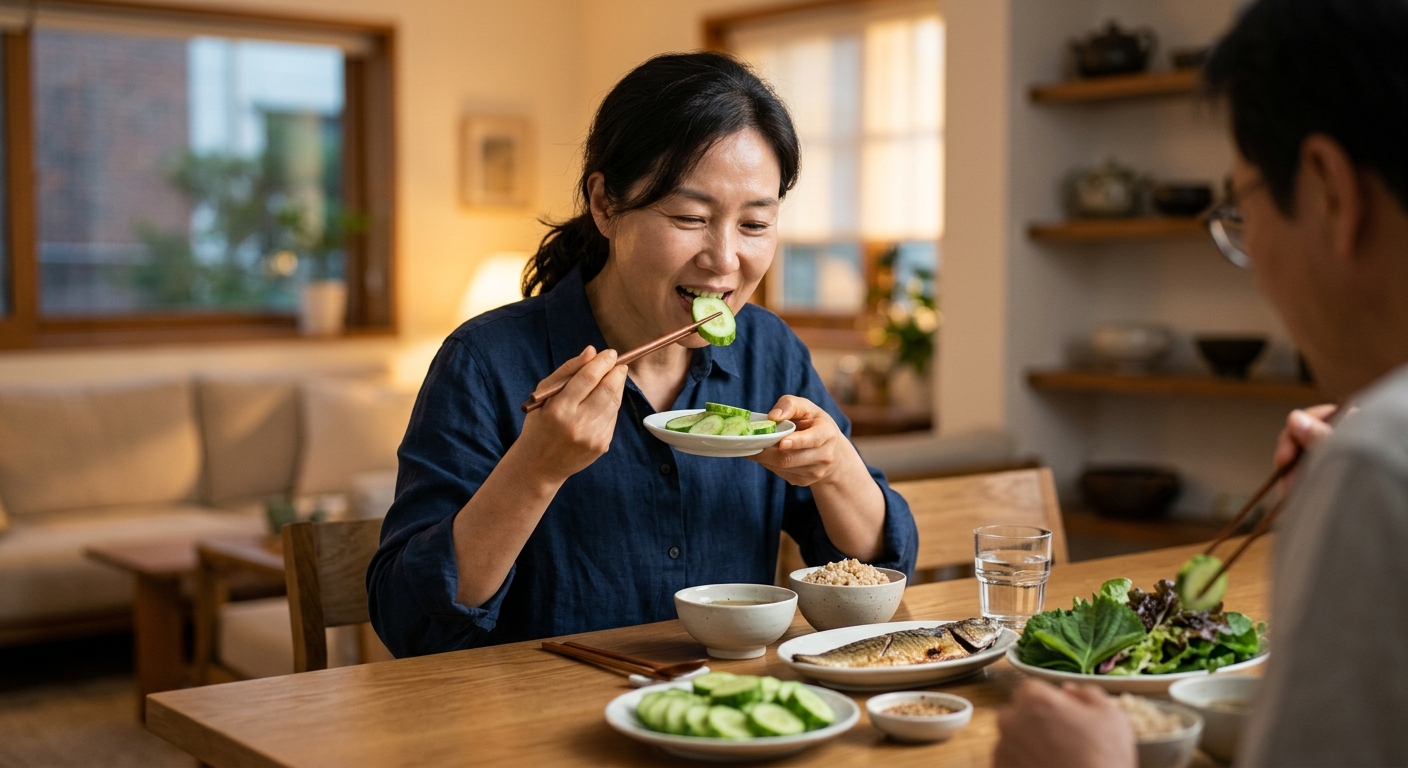 식사 전에 오이 스틱을 집어 먹는 손과 한식 상차림이 보이는 장면