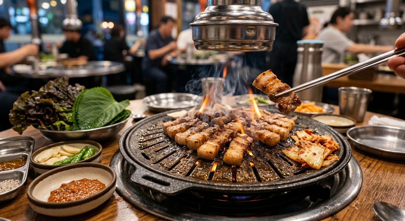 불판 위에서 구워지는 삼겹살과 함께 놓인 채소