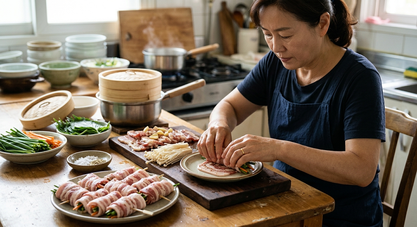 찜기로 조리한 삼겹살과 채소가 깔끔하게 담긴 모습