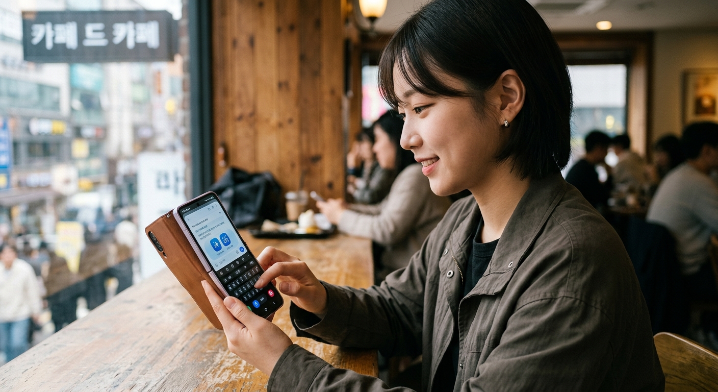 일상 속에서 갤럭시 스마트폰을 사용하는 젊은 사용자의 자연스러운 모습