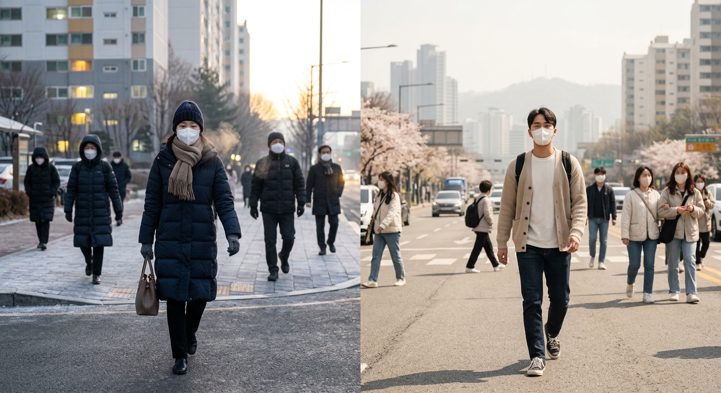 아침은 쌀쌀하고 낮은 따뜻한 초봄 날씨를 보여주는 도시 풍경