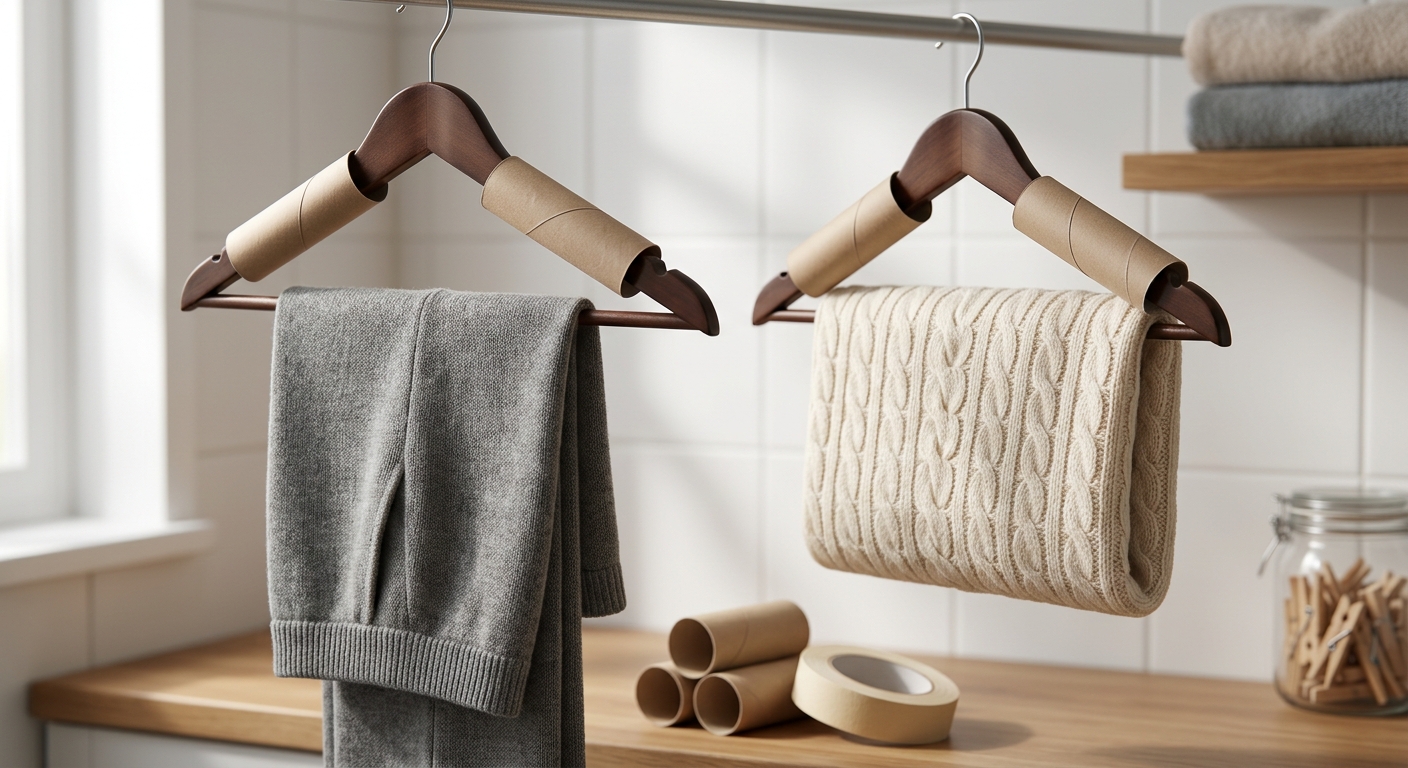 세탁소 옷걸이 하단에 절개한 휴지심을 끼워 바지를 걸어둔 모습