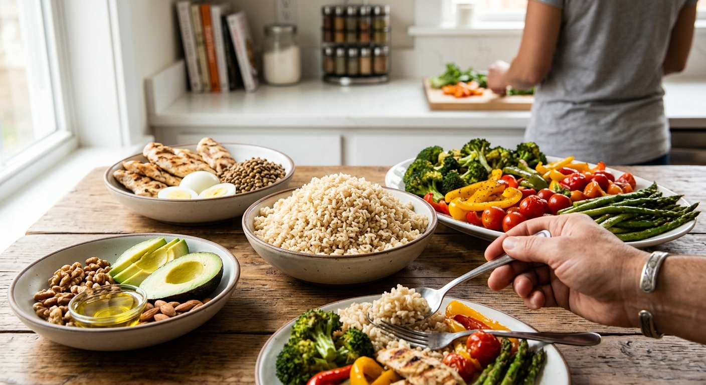 균형 잡힌 식사 구성으로 혈당 흡수 속도를 조절하는 개념을 보여주는 식탁