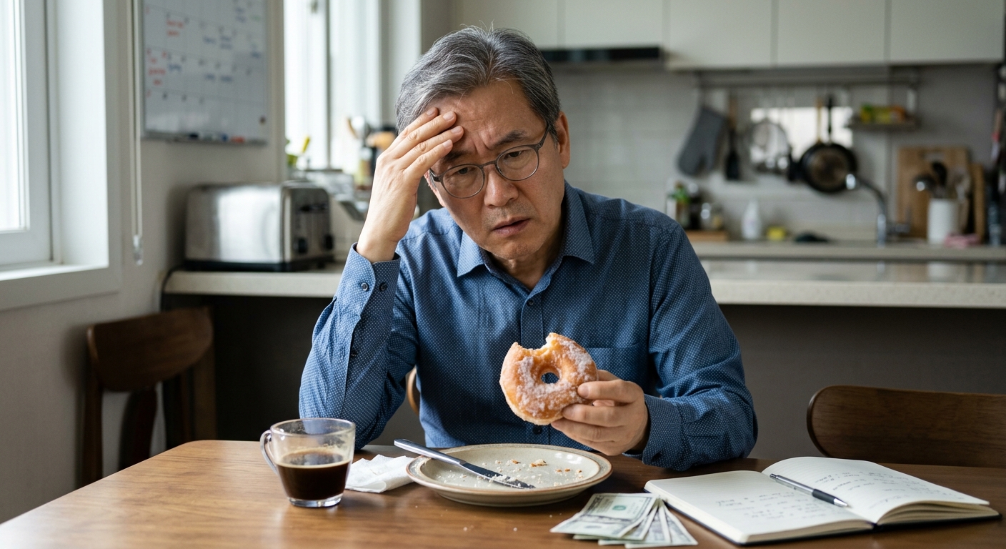 혈당 변화를 상징하는 그래프와 달콤한 간식이 함께 놓인 이미지