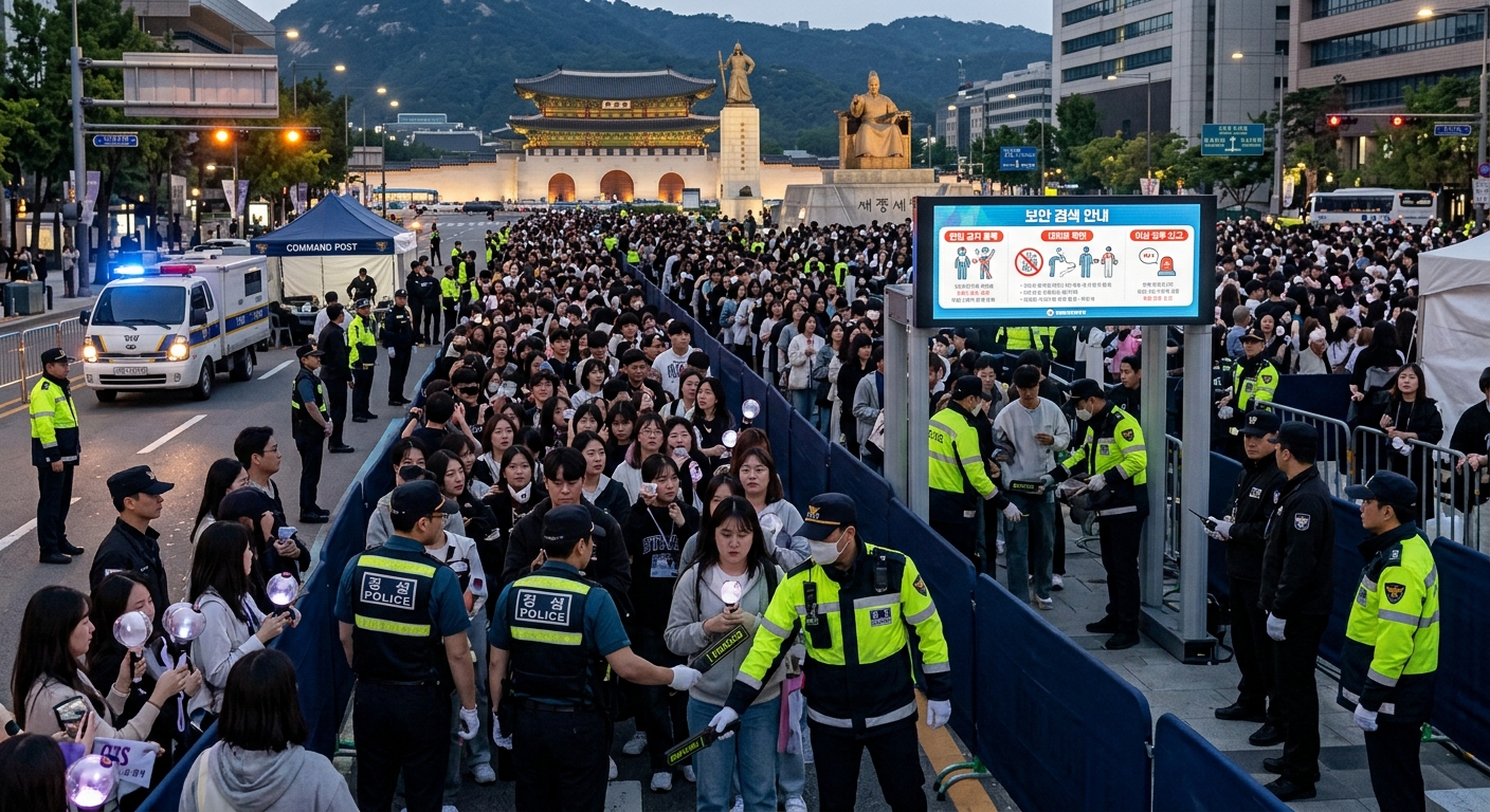많은 인파가 모이는 야외 공연장에서 질서 있게 이동하는 관람객들