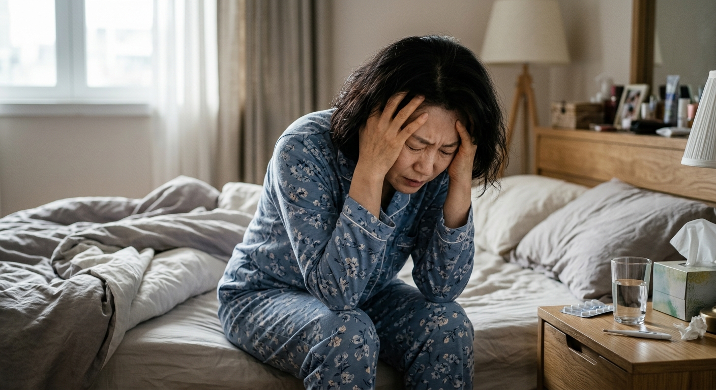 아침에 속이 메스껍고 두통을 호소하는 사람의 모습