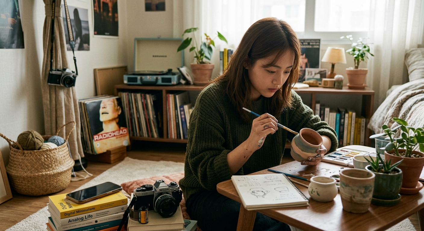스마트폰 화면을 끄고 수공예 재료 앞에 앉아 생각을 정리하는 젊은 세대
