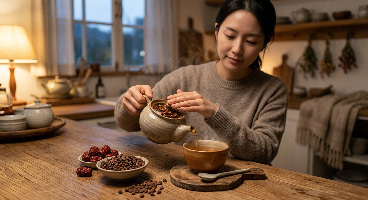 잠들기 전 침실에서 차를 마시며 휴식하는 모습