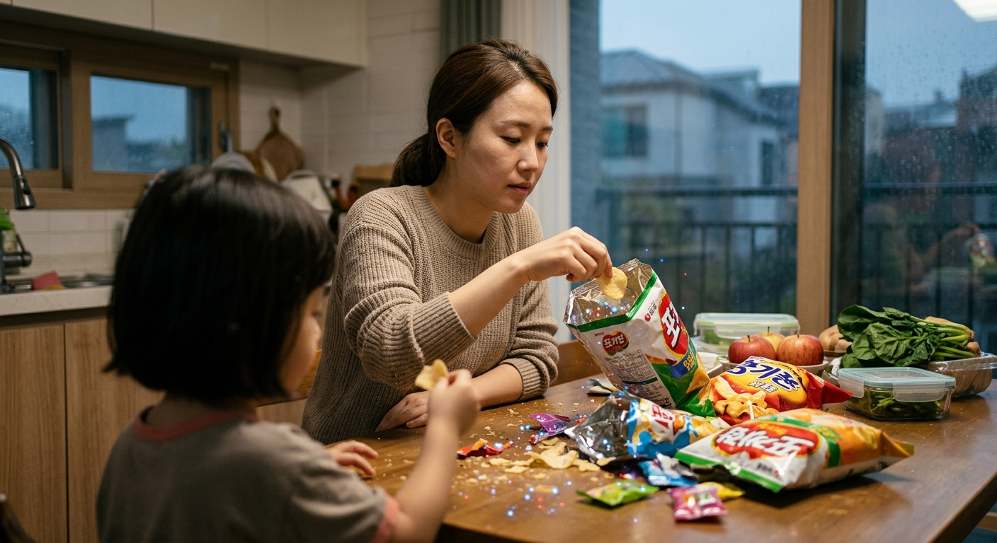플라스틱 포장식품과 유리용기를 비교하며 살펴보는 사람의 손