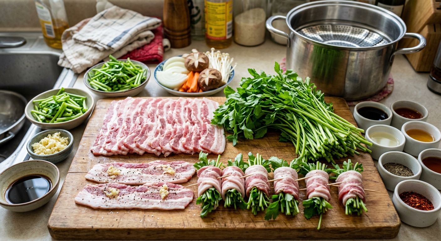 씻어 손질한 미나리와 길게 썬 우엉을 접시에 정리한 모습