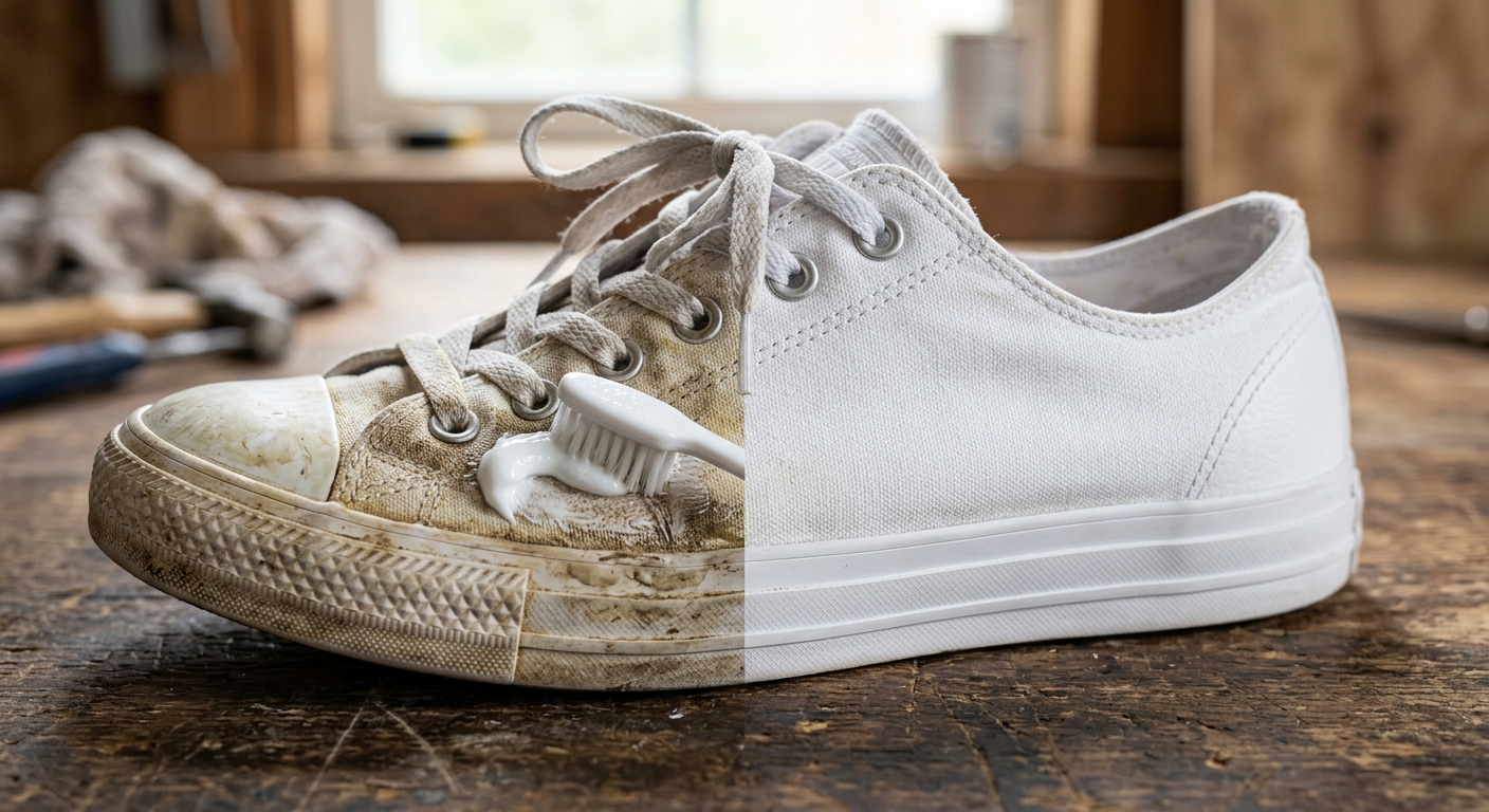 흰 치약을 바른 칫솔로 운동화 밑창을 청소하는 모습