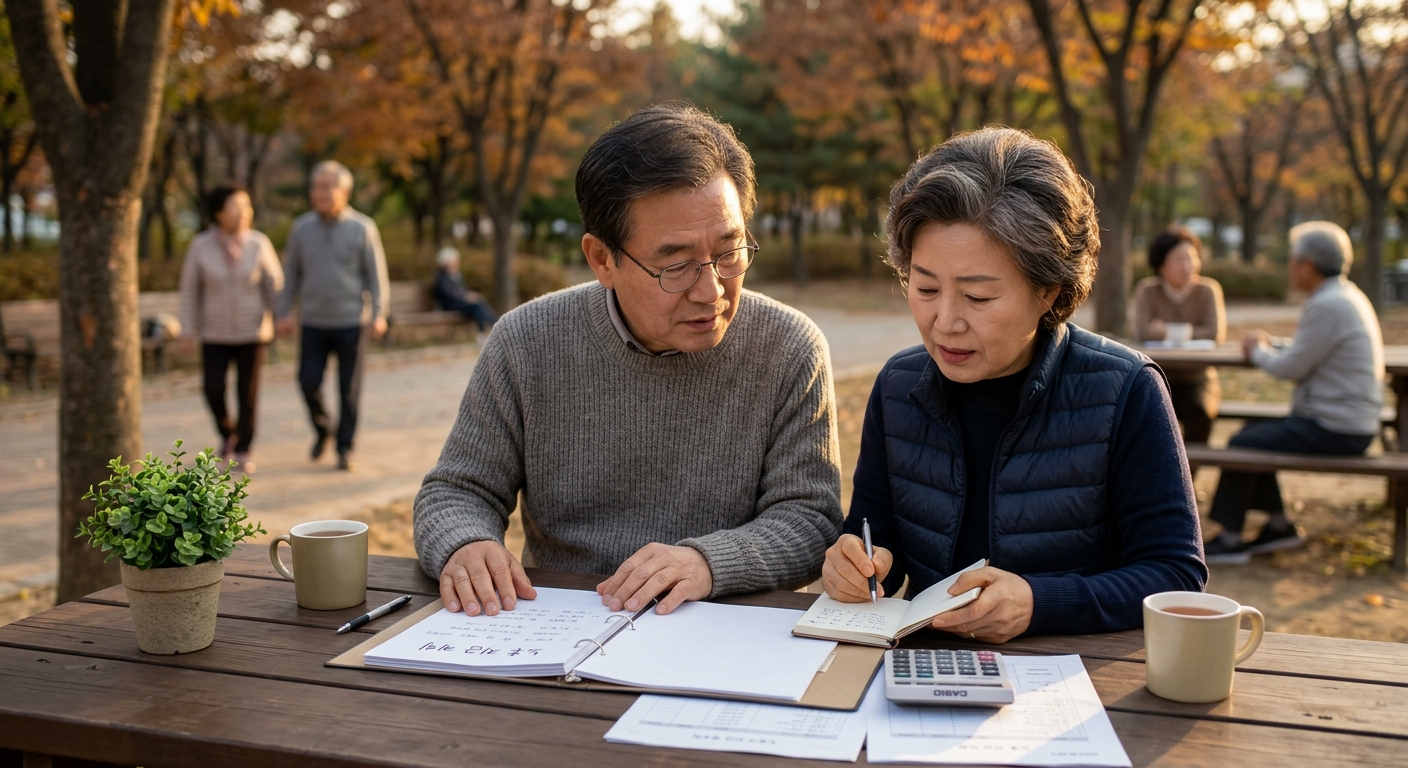연금 서류와 통장을 확인하며 월 현금흐름을 점검하는 60대 부부