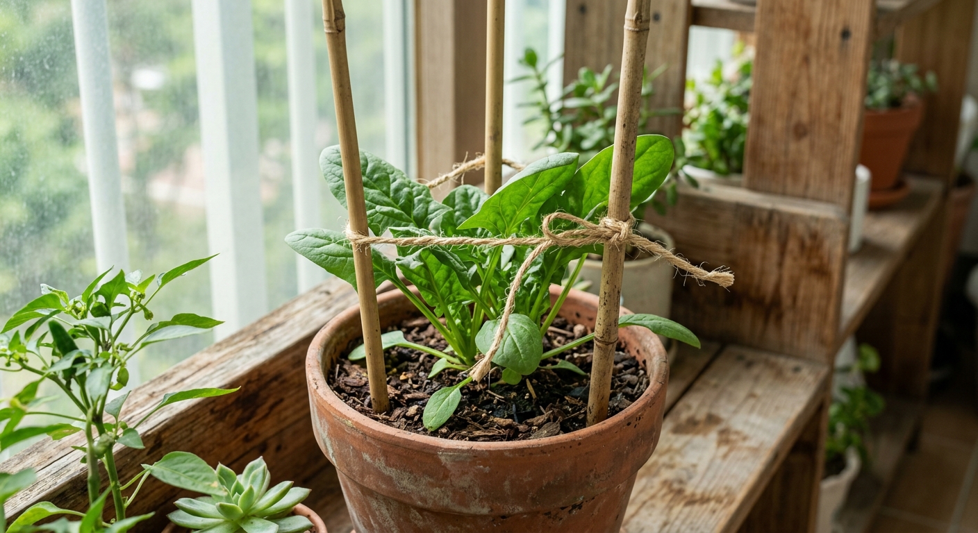 시금치 끈으로 화분 식물 줄기를 지지대에 느슨하게 고정한 장면