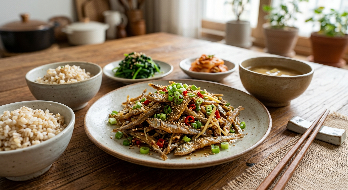 팬에 구워지는 뱅어포와 견과류가 곁들여진 건강 반찬 조리 장면