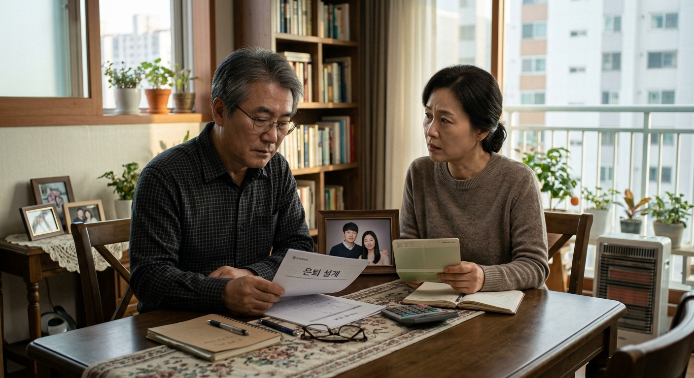 부모와 성인 자녀가 테이블에 앉아 생활비와 지원 계획을 차분히 상의하는 모습