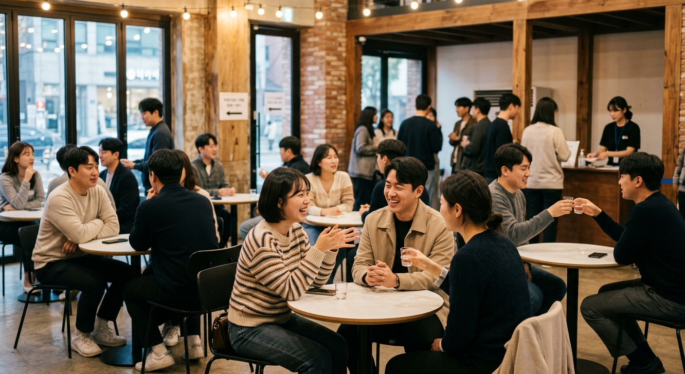 타이머가 놓인 테이블에서 소개팅 참가자들이 순서대로 대화하는 장면