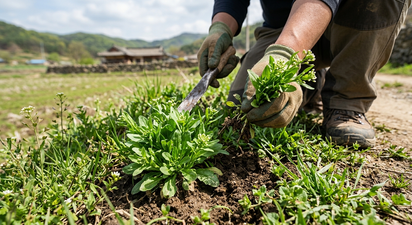 봄철 이른 시기에 채취한 연한 말냉이 어린순을 손에 들고 있는 모습