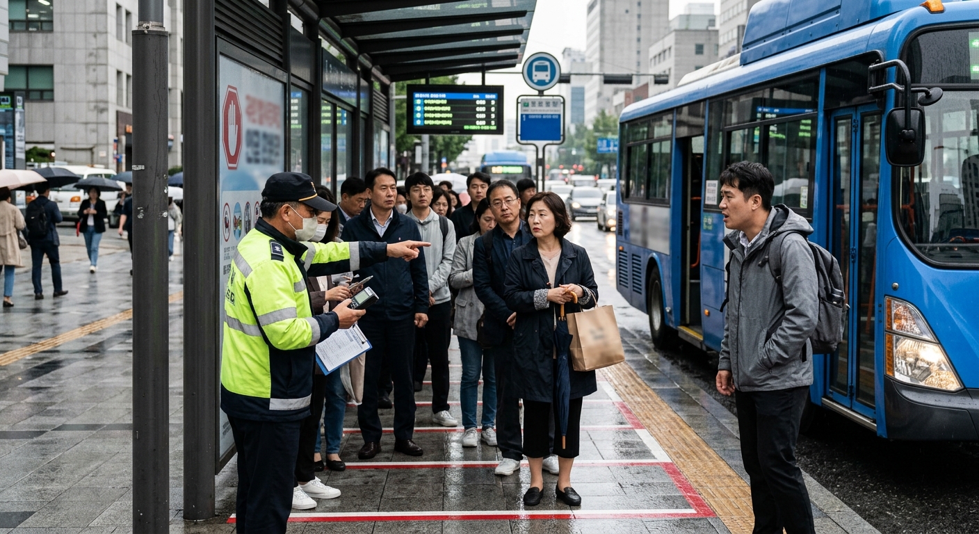 버스정류장에서 줄의 끝을 확인하며 서 있는 사람들