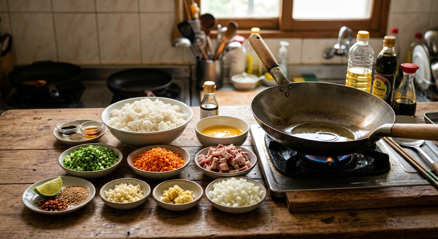 찬밥, 잘게 썬 애호박과 당근, 햄, 계란이 정갈하게 준비된 볶음밥 재료