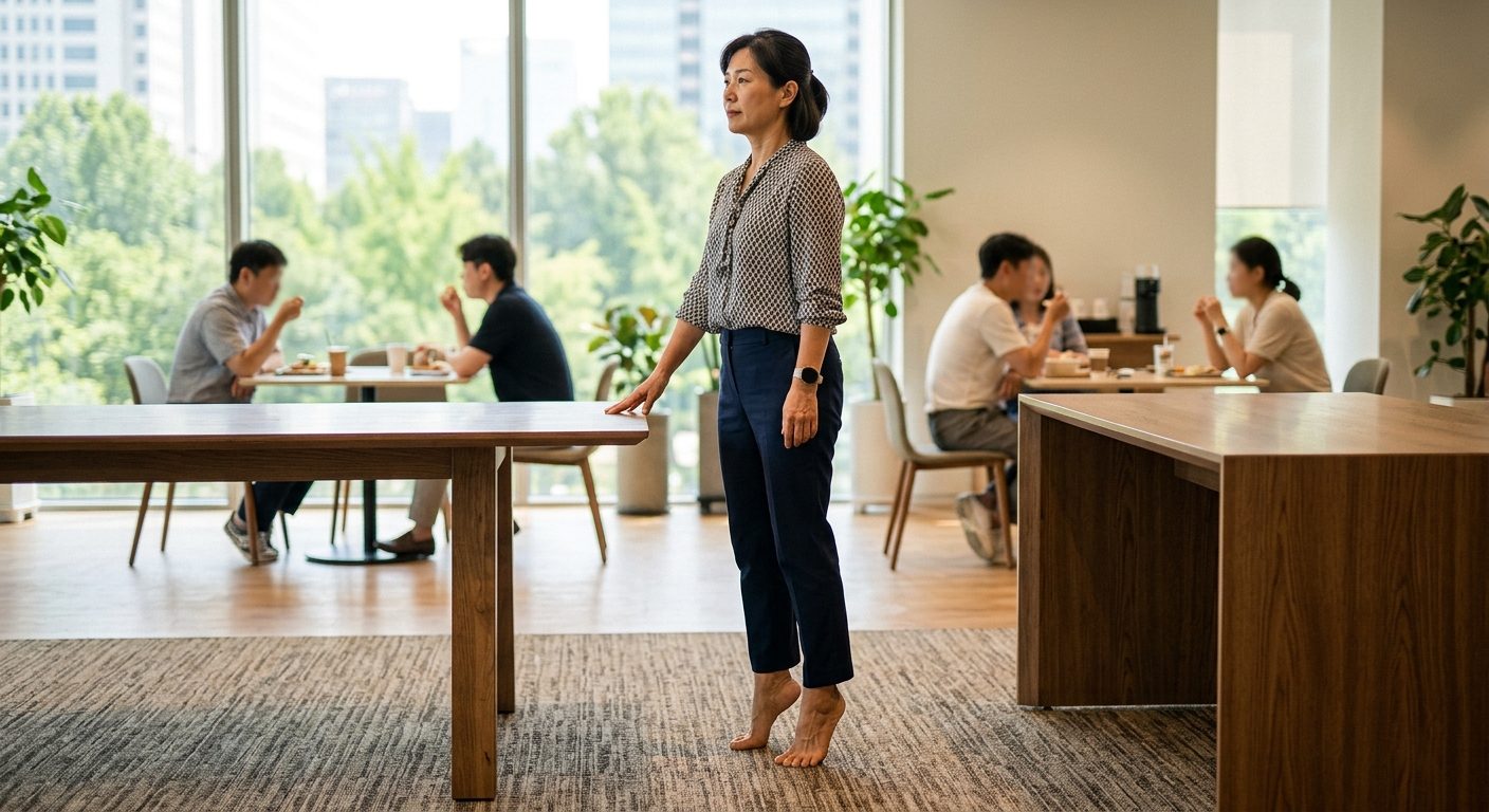 사무실에서 서서 까치발 운동을 하는 직장인의 다리 모습