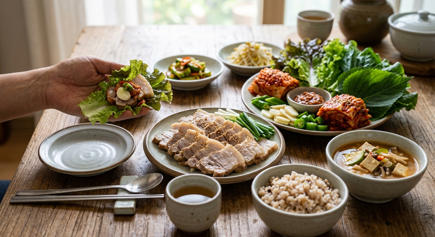 보쌈과 쌈채소, 소량의 밥으로 구성된 혈당 관리 식단