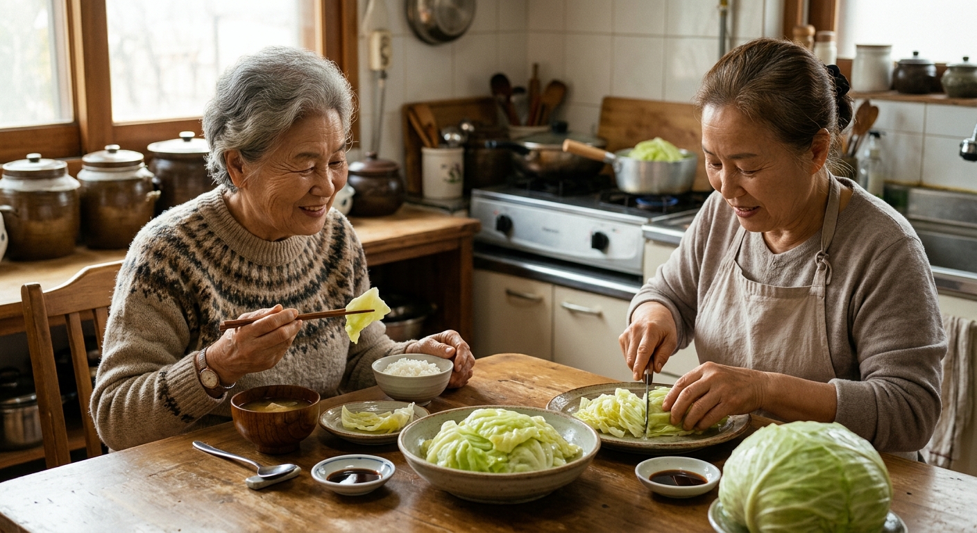 김이 살짝 오른 데친 양배추를 젓가락으로 집는 장면