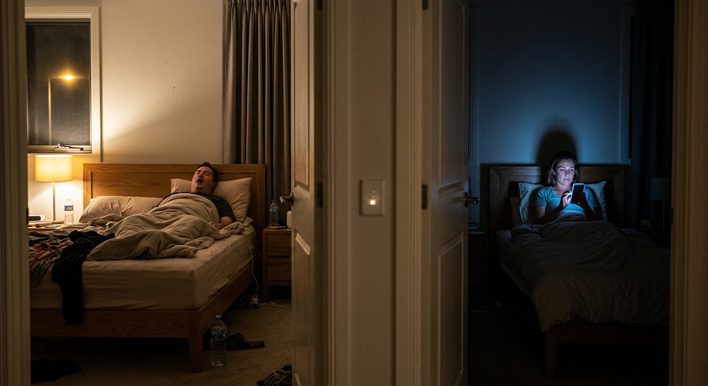 코골이와 늦은 스마트폰 사용 때문에 수면 방해를 겪는 부부 모습