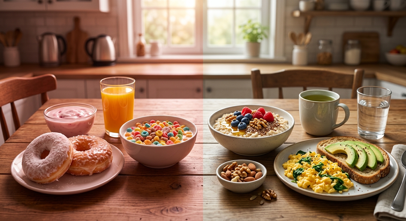 빵과 달콤한 커피 위주의 아침 식사가 놓인 테이블