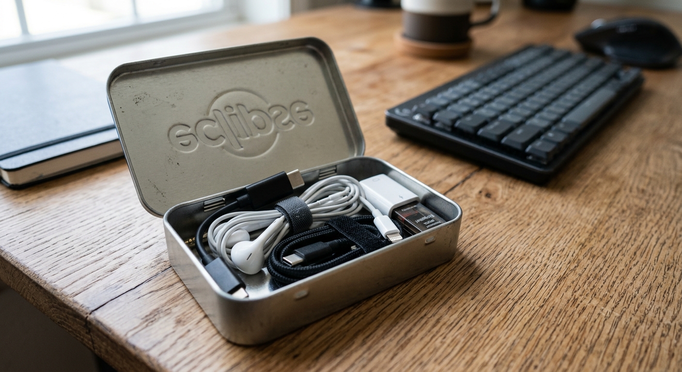 사탕케이스 안에 유선 이어폰과 USB 젠더가 가지런히 담긴 모습