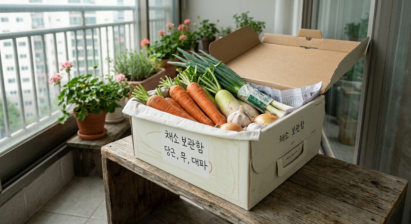 재활용한 케이크 상자 안에 감자와 양파를 나눠 담아 베란다에 둔 모습