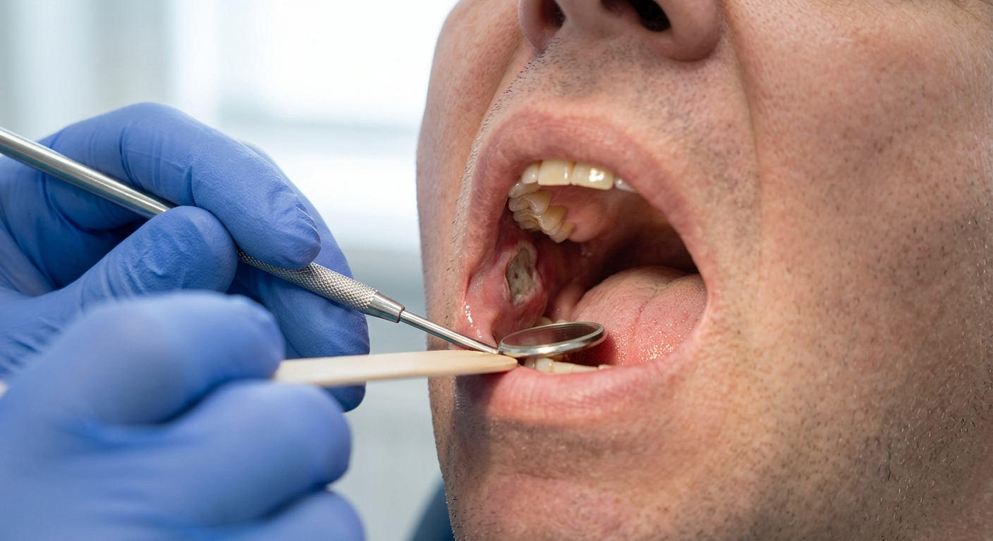 통증 없는 입안 궤양을 걱정스럽게 확인하는 모습