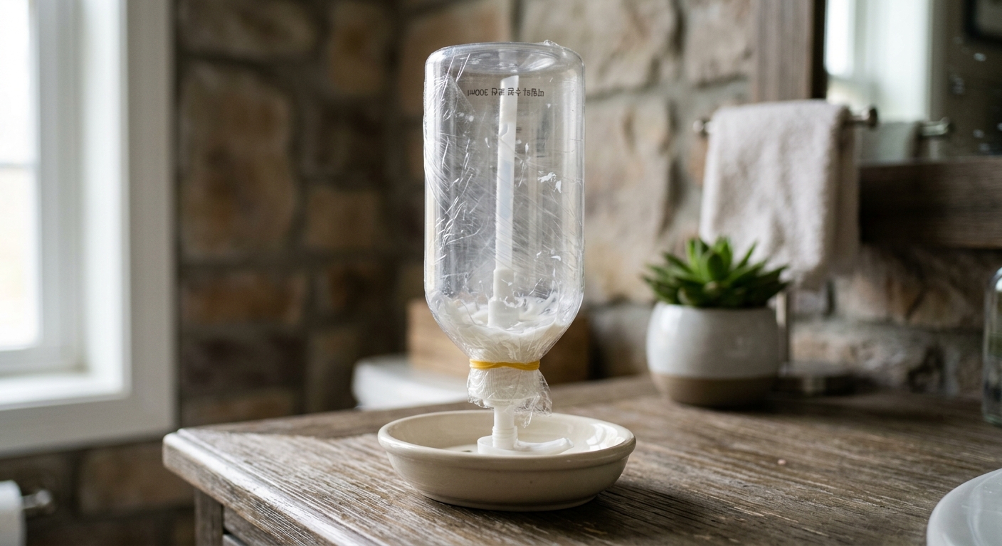 랩 고무줄 컵과 펌프형 로션통이 함께 놓인 장면