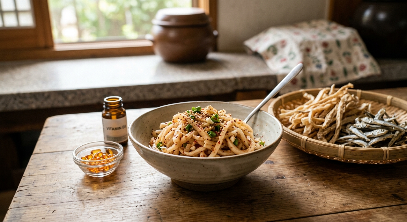 햇볕이 드는 창가에 놓인 무말랭이와 건강한 식재료들