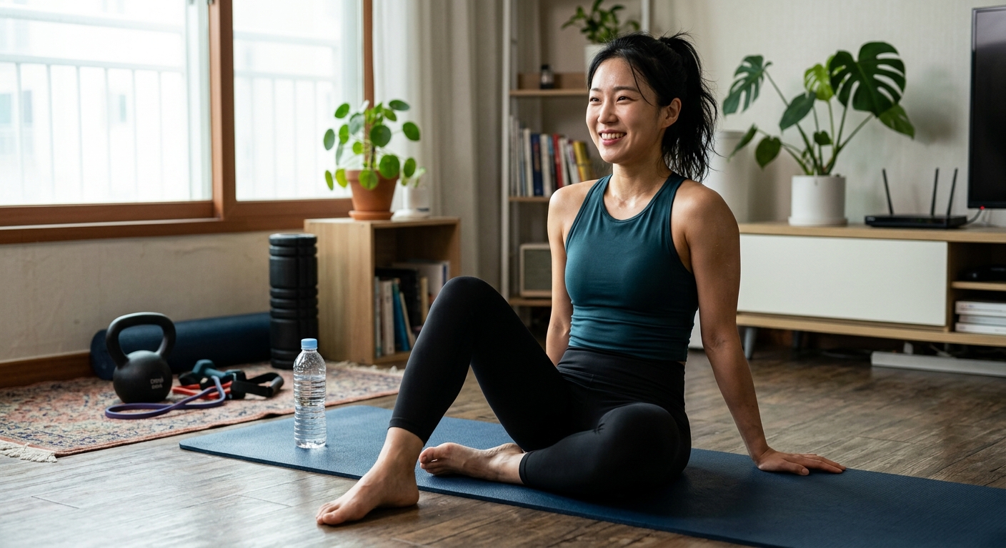 집에서 버피와 스쿼트 같은 맨몸 운동으로 체력을 기르는 모습