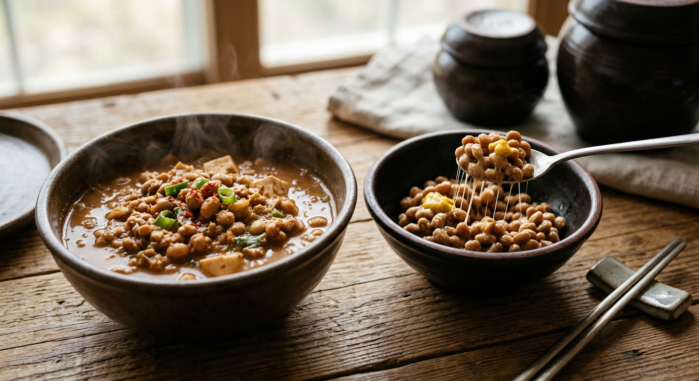 청국장과 낫토를 비교해 놓은 식탁 이미지