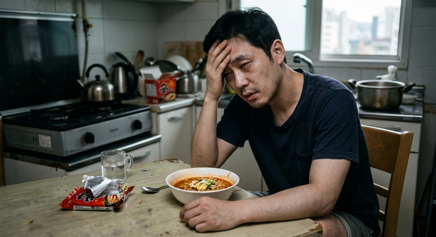 피곤한 표정으로 앉아 있는 사람과 옆에 놓인 라면 한 그릇