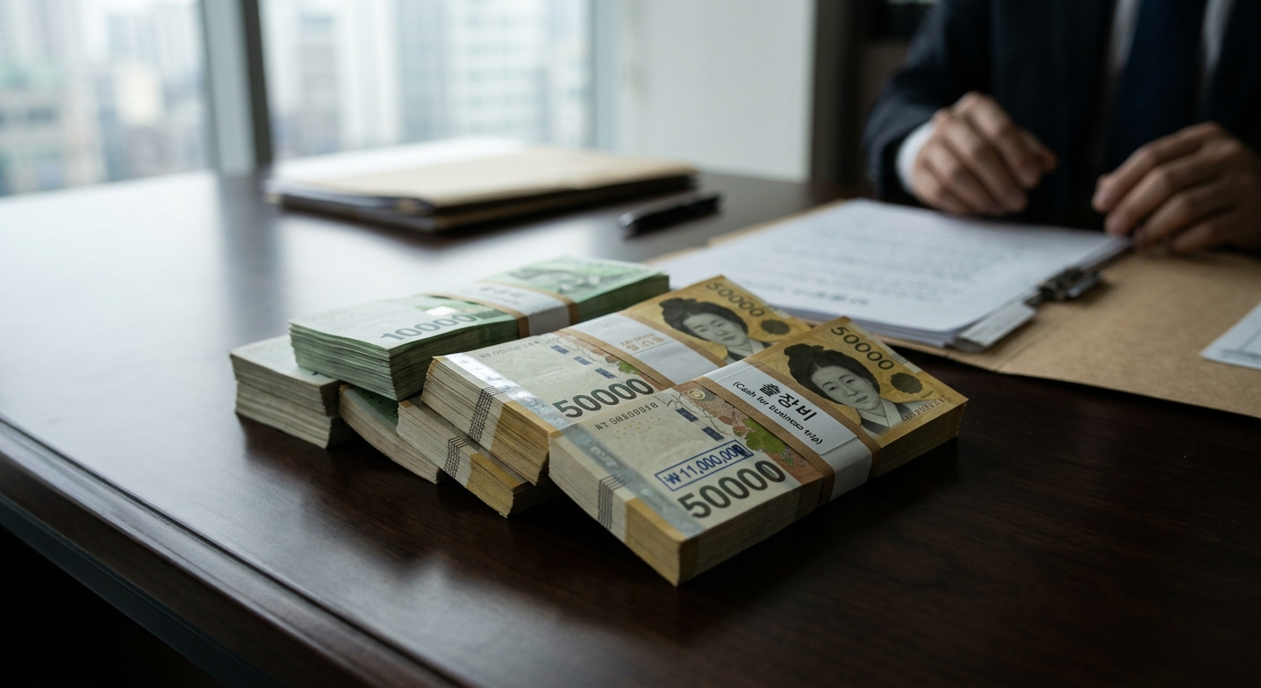 현금 봉투와 출장 일정표를 통해 금품 수수 의혹을 상징적으로 표현한 이미지