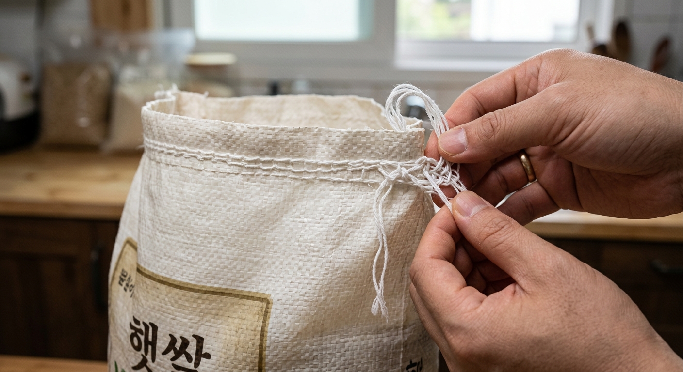 쌀포대 양쪽 끝에서 개봉용 시작 매듭을 손으로 찾고 있는 모습