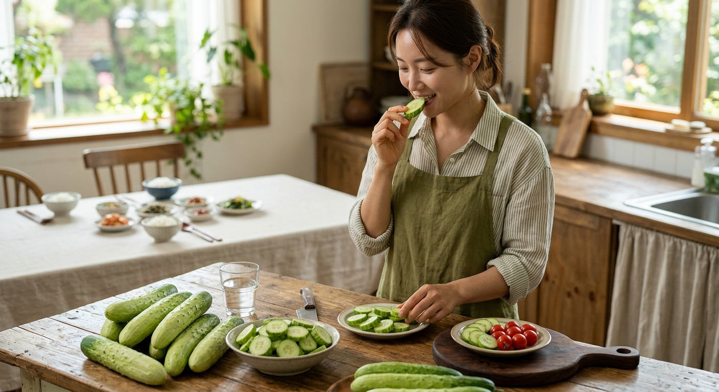 냉장 보관한 시원한 오이 스틱이 투명 용기에 담겨 있는 모습