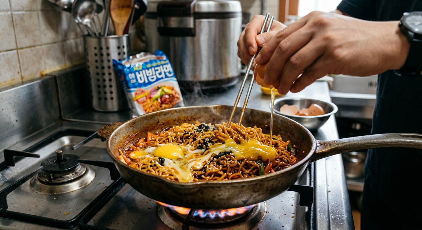 파기름이 있는 팬에 계란을 깨 넣고 바로 풀어 스크램블처럼 익히는 장면