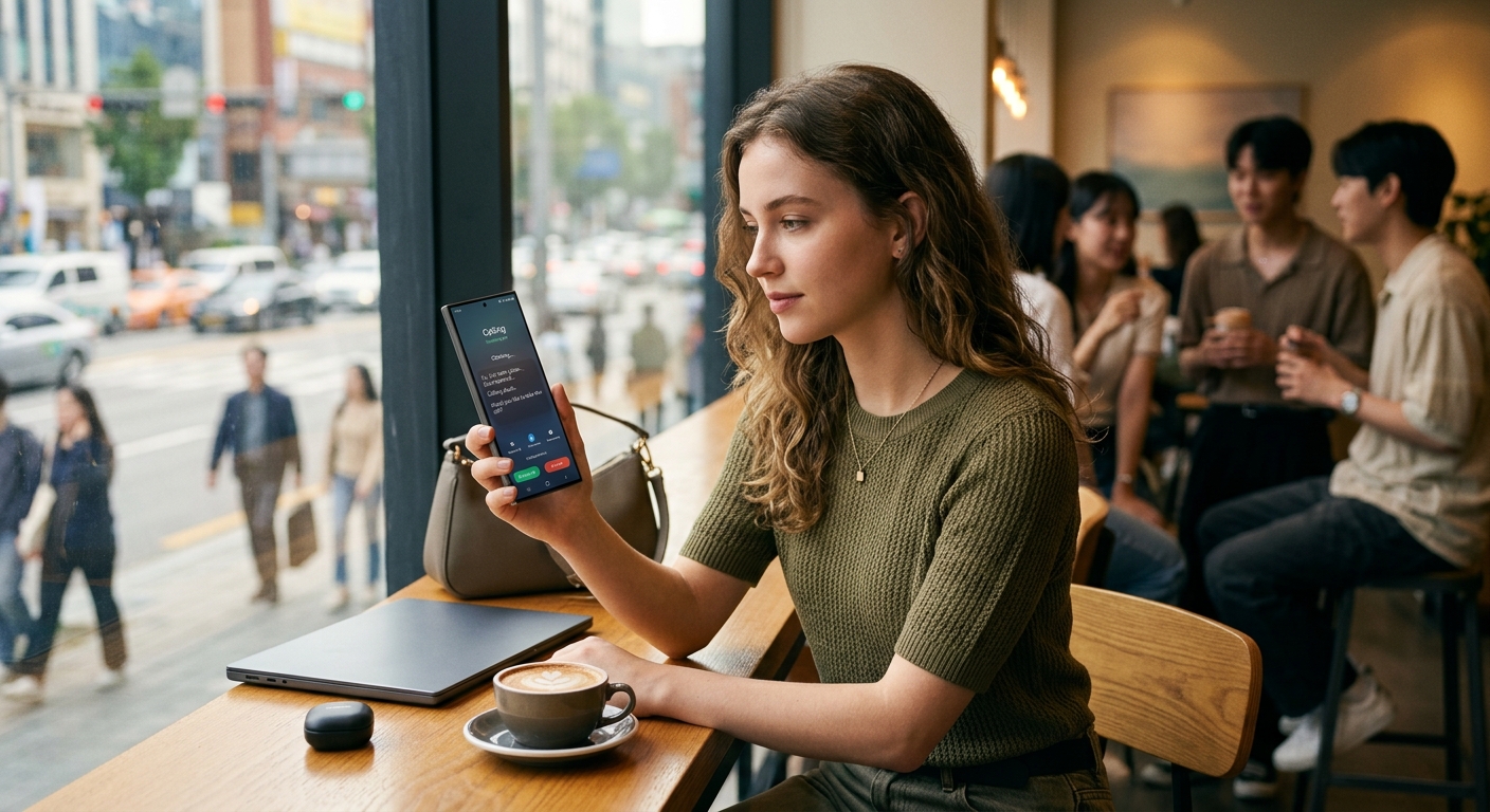 스마트폰 화면에서 AI 통화 요약 기능을 확인하는 젊은 사용자
